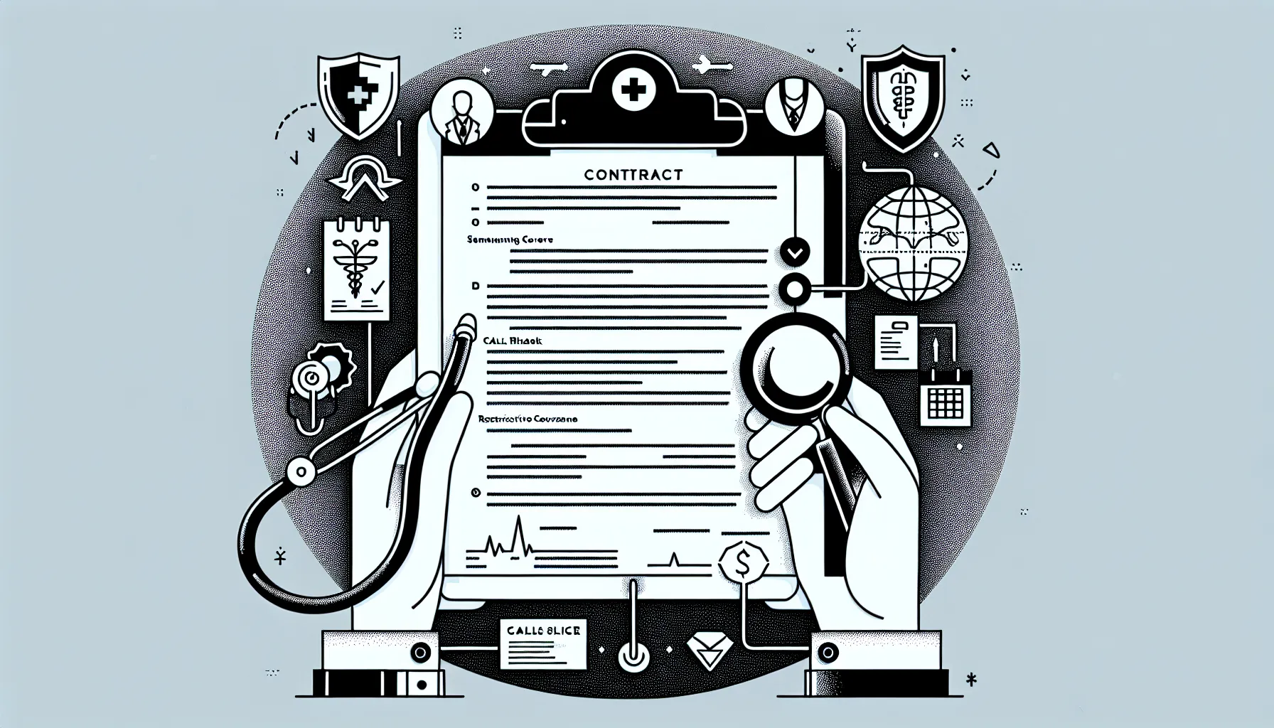 Veterinarian and lawyer examining a contract with icons for risks and Washington state of Washington Veterinary Contract Review.