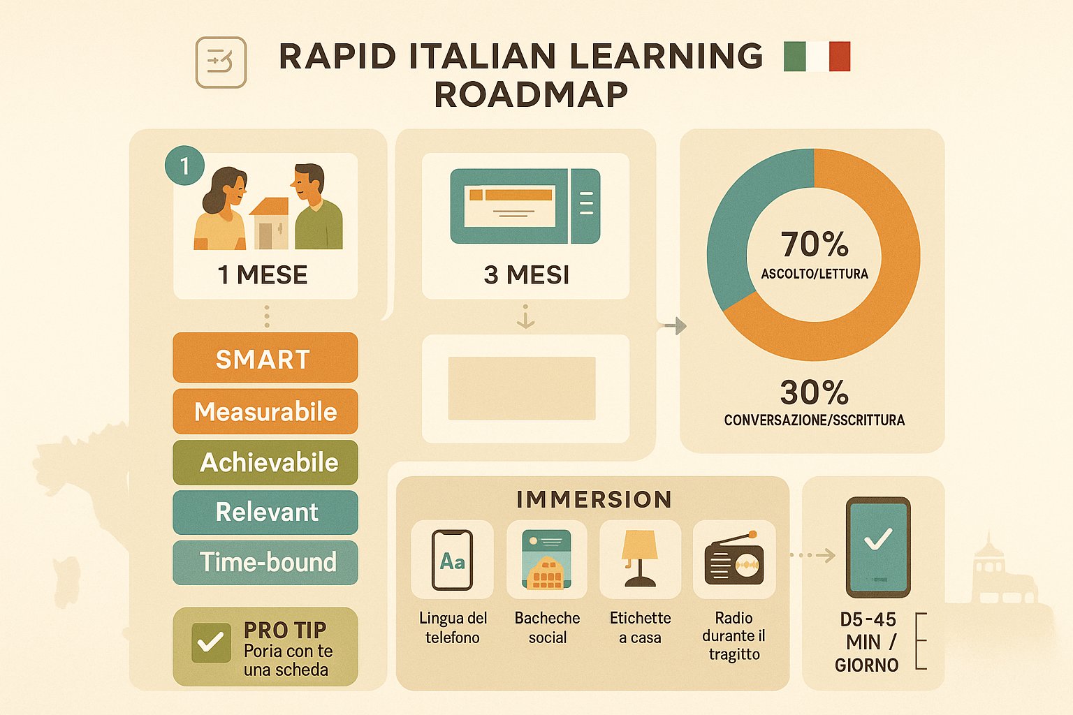 Roadmap infografica che mostra obiettivi a 1, 3, 6 mesi e azioni di immersione per imparare l'italiano velocemente.