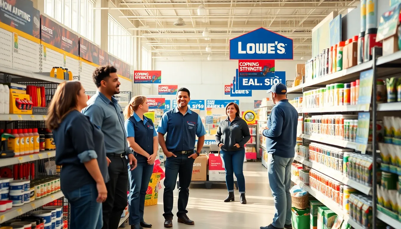 interior of Lowe's Home Improvement store with employees assisting customers.