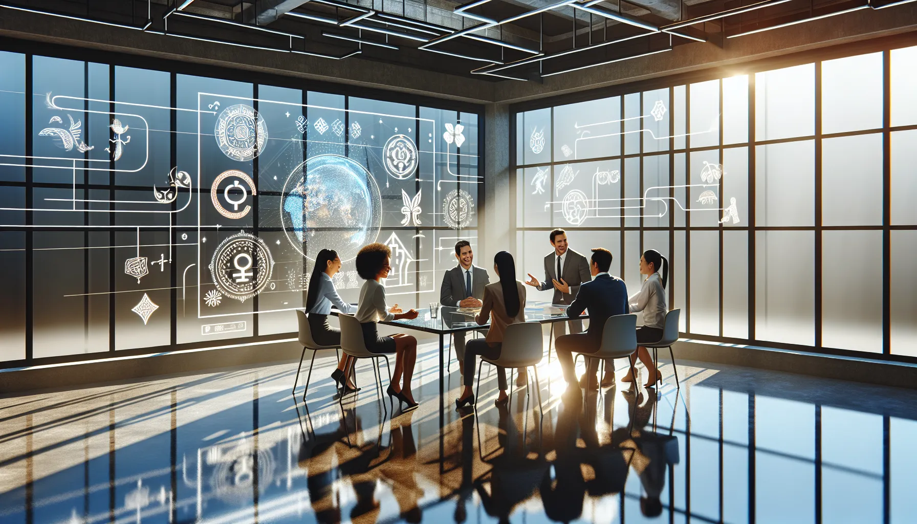 diverse team discussing cultural concepts in a modern office.