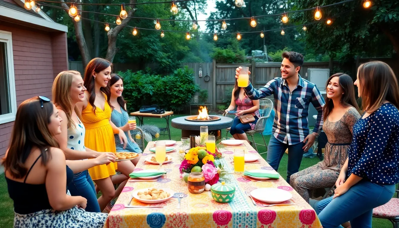 group celebrating in a decorated backyard setting.