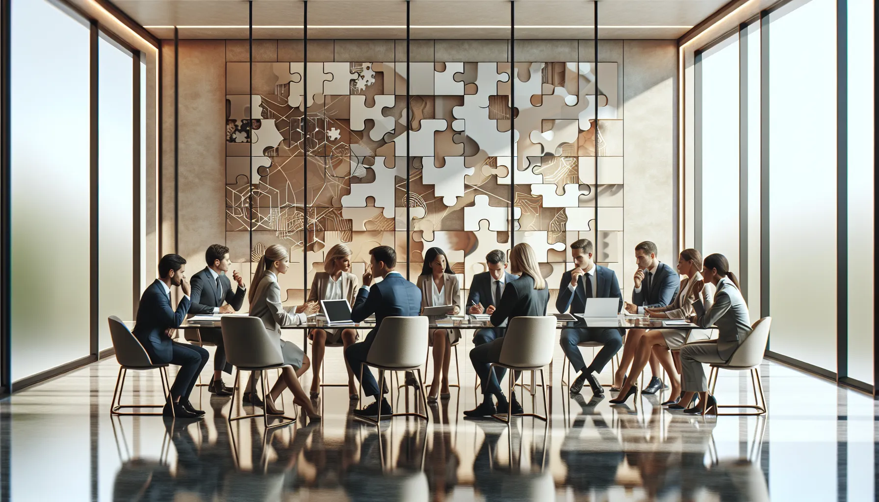 diverse professionals discussing a complex concept in a modern conference room.