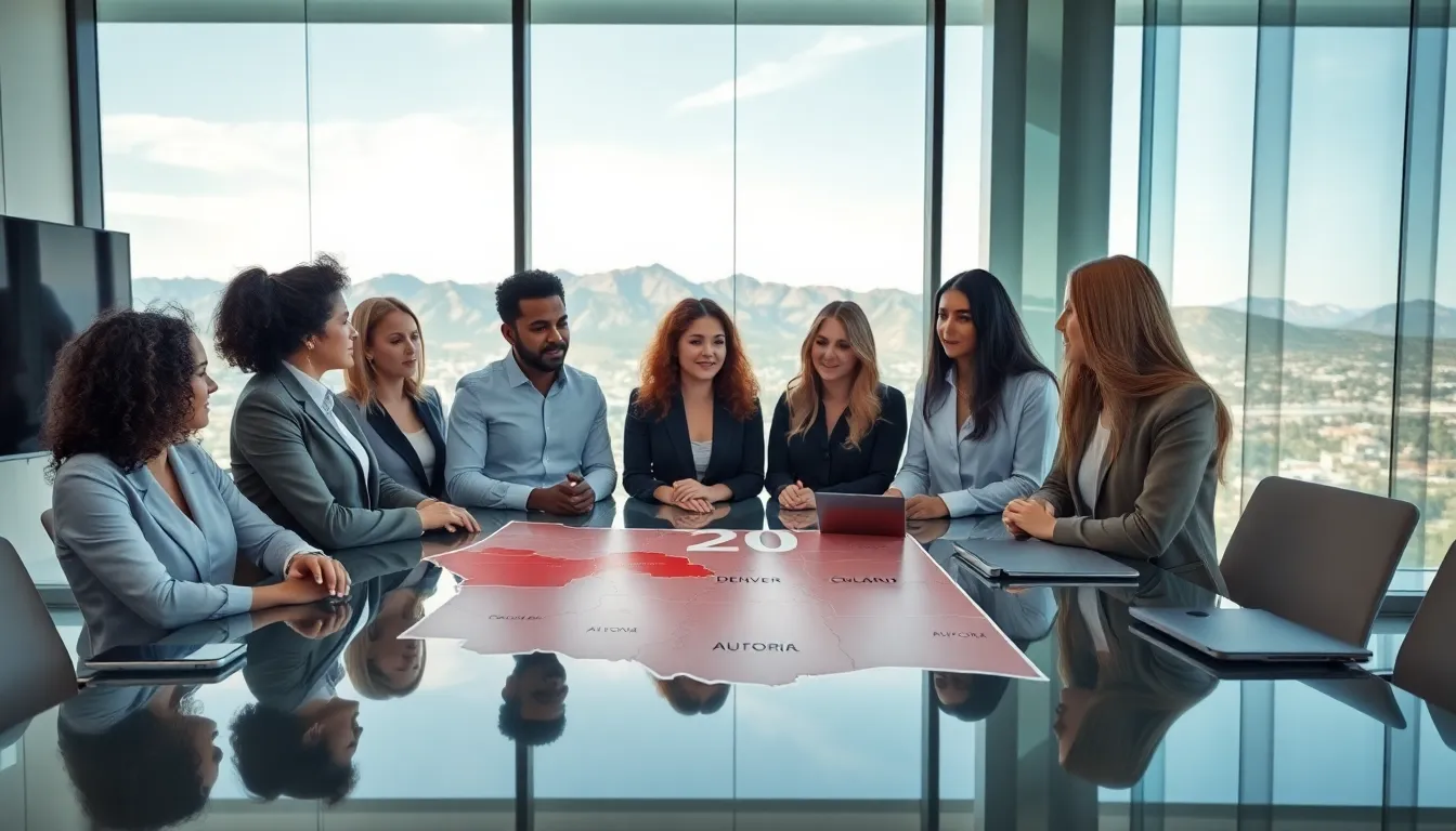 diverse team discussing Colorado's area code 720 in a modern office.