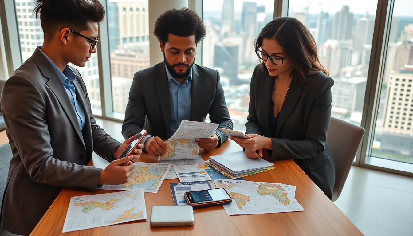 diverse group collaborating on travel planning with maps and devices.