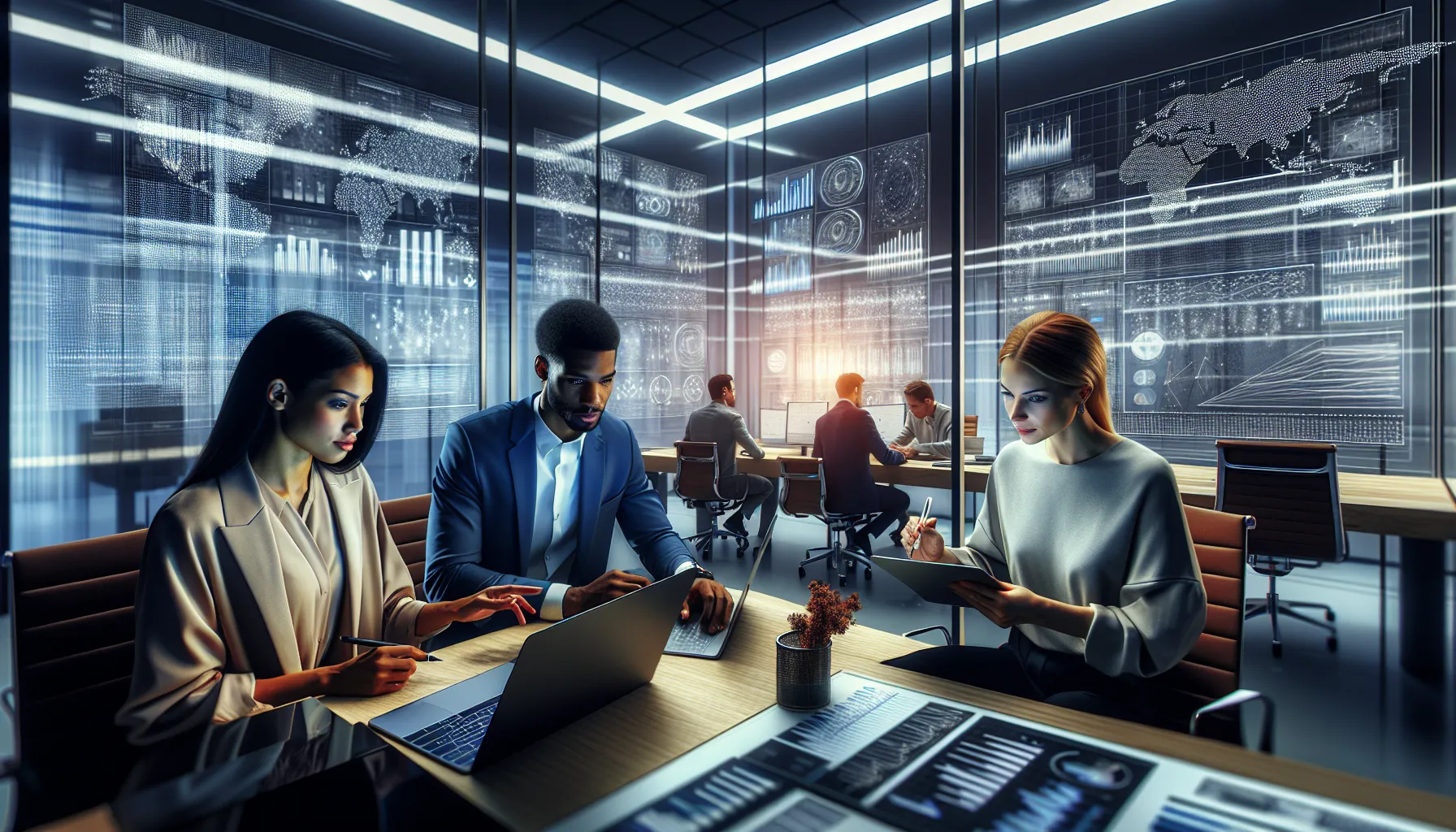 diverse team analyzing numerical data in a modern office.