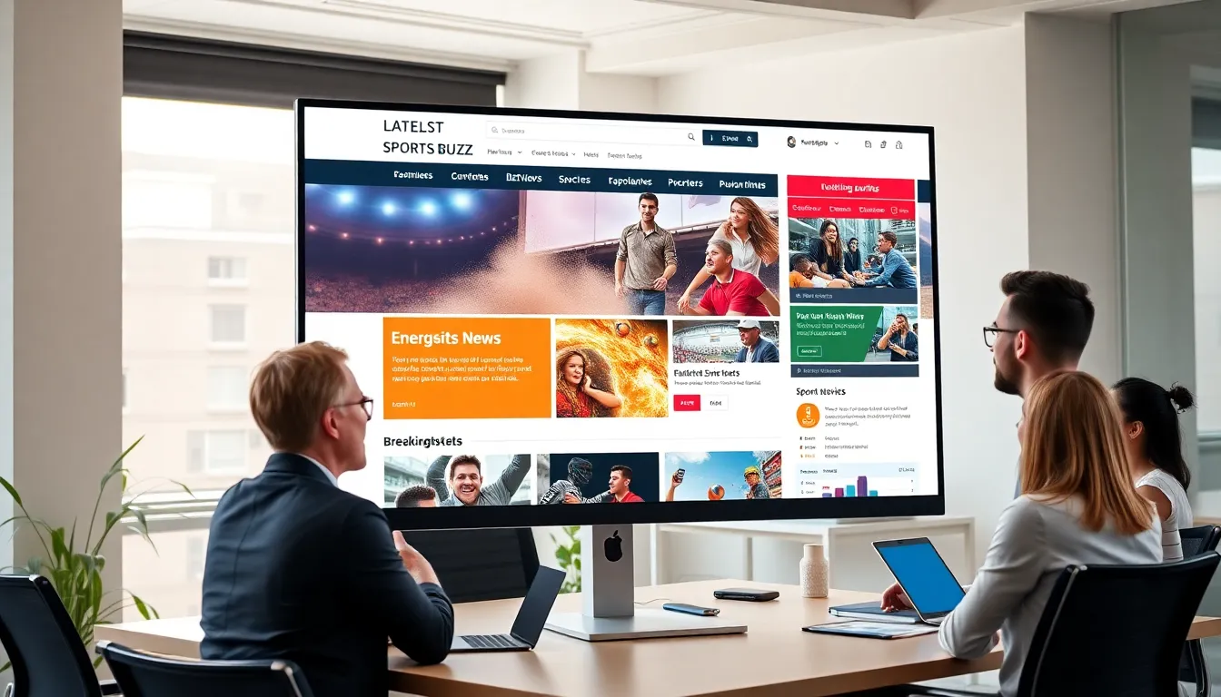 Professionals collaborating over the Latest Sports Buzz website in a modern office.