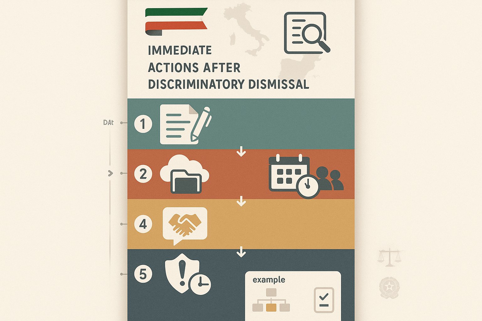 Infografica sequenziale che mostra cinque passi pratici dopo un licenziamento discriminatorio in Italia.