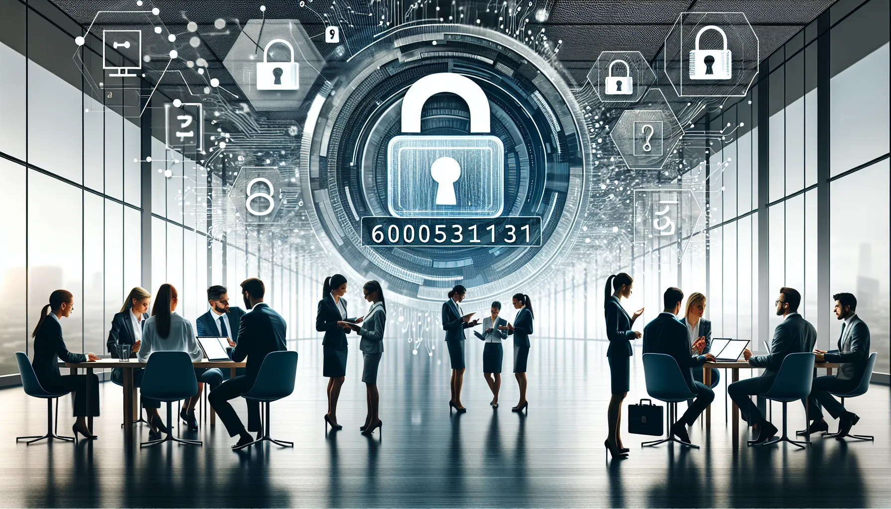 digital representation of the number 6104315131 in a modern tech office.