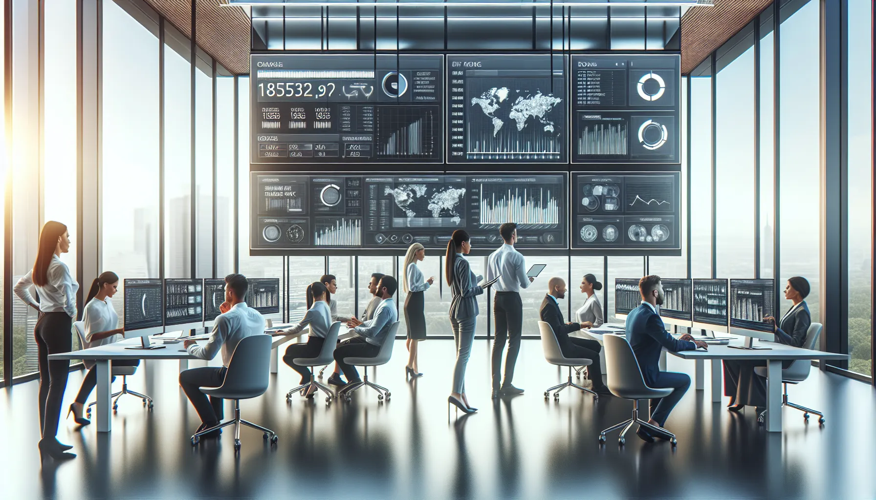 professionals collaborating in a modern office setting with digital data displays.