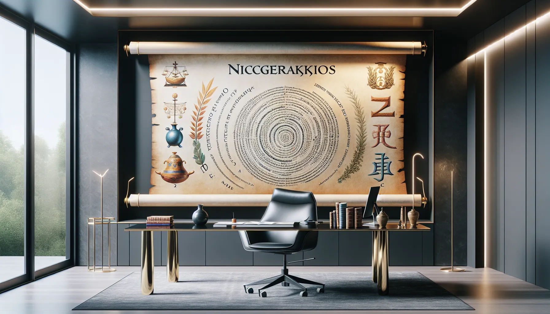 ancient scroll on a modern desk with cultural symbols.