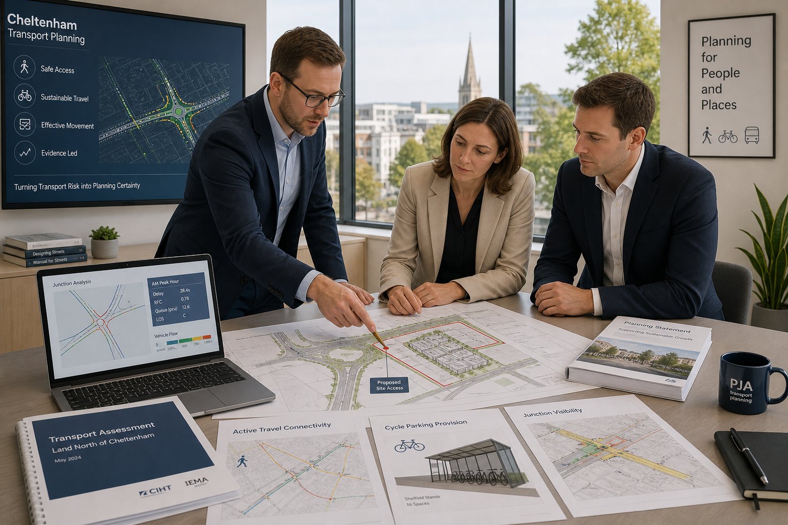 Traffic engineer reviewing a Cheltenham planning site access with project team.