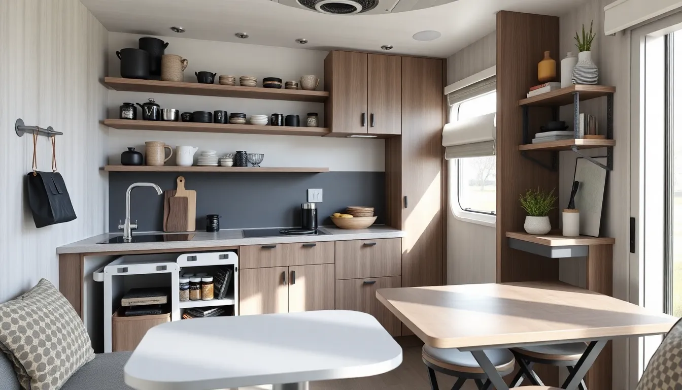 modern mobile home kitchen with space-saving storage solutions.