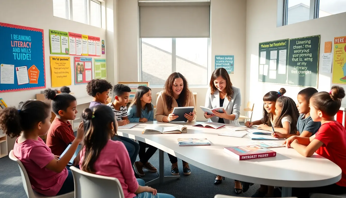 diverse students collaborating on reading comprehension in a modern classroom.