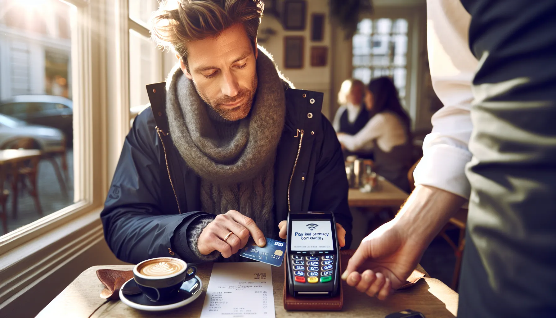 Hvordan bruke kredittkort trygt på reise i utlandet 3 Norwegian traveler pays contactless at café, choosing local currency on terminal.