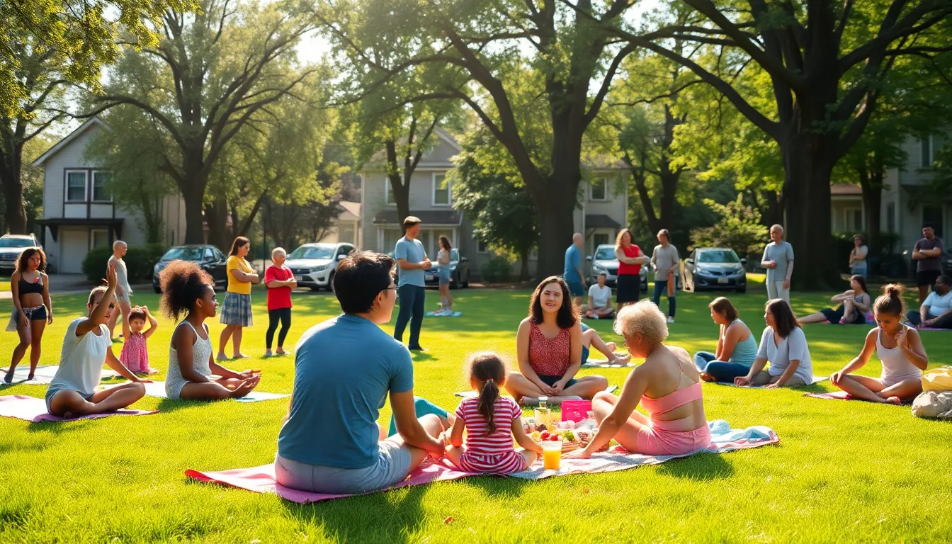 a diverse group enjoying a sunny community wellness event in a park.