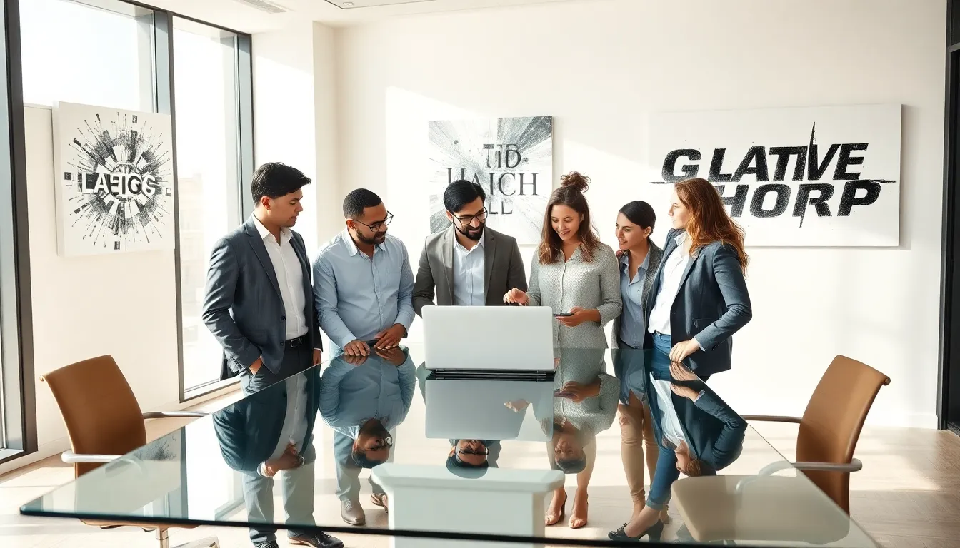 diverse team brainstorming in a modern office.