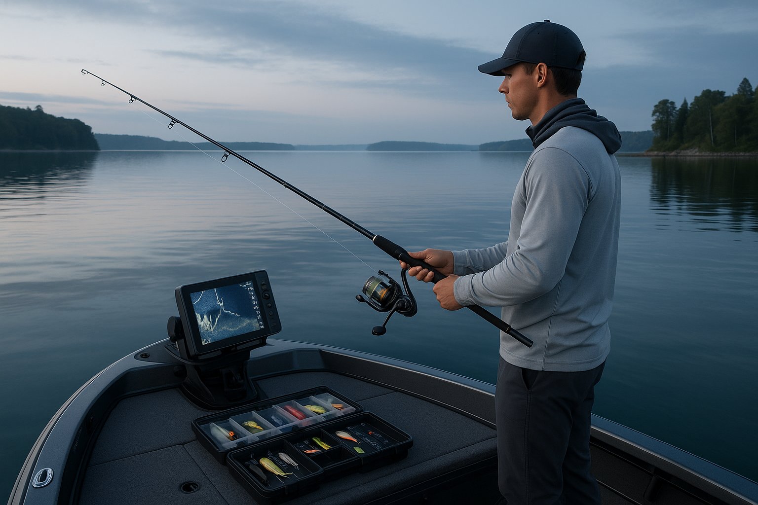 Angler on a boat using a walleye fishing setup at dawn.