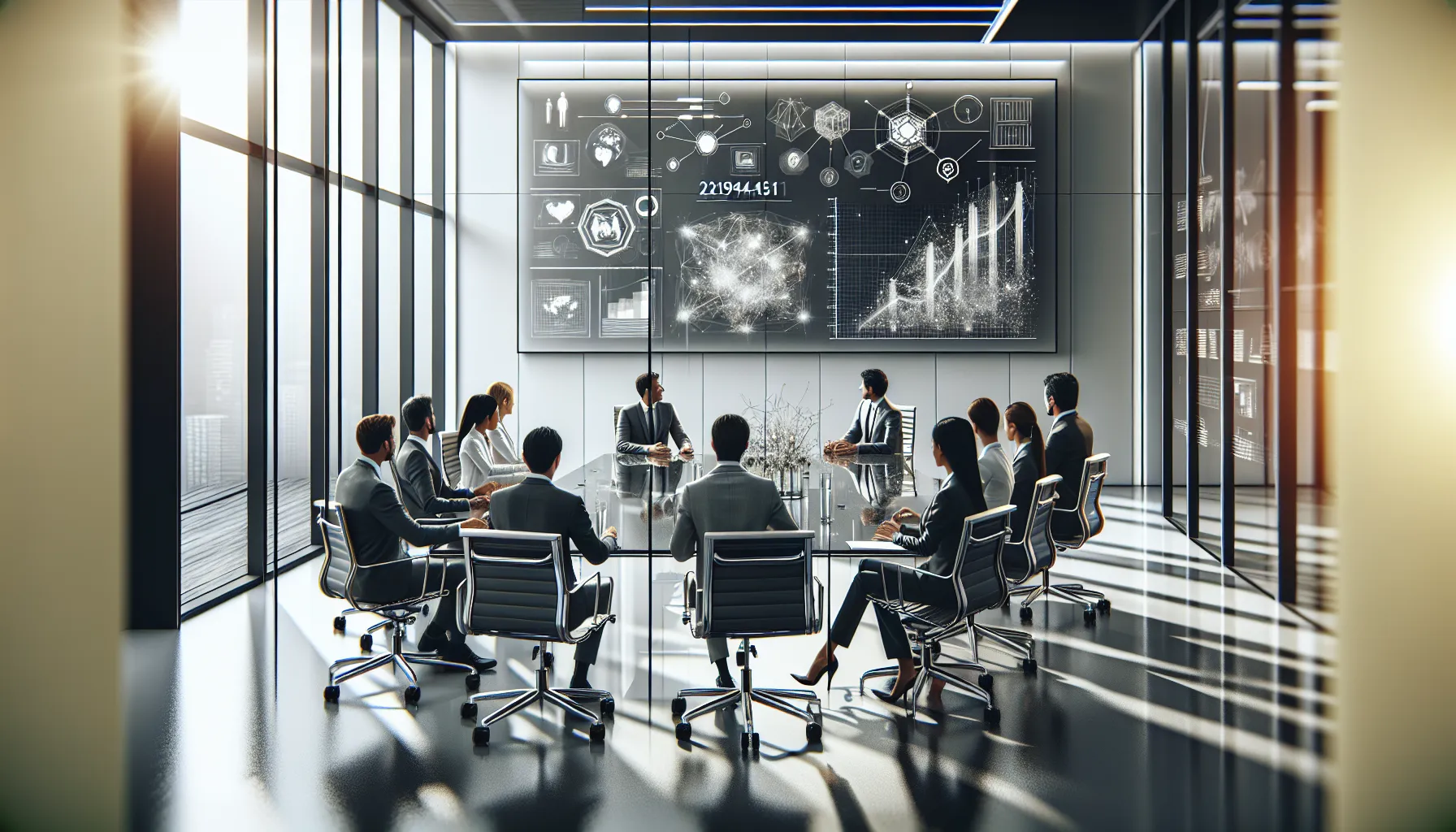 diverse team discussing data in a modern office.