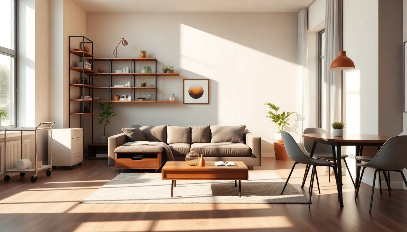 A modern living room featuring multifunctional furniture and vertical storage solutions.