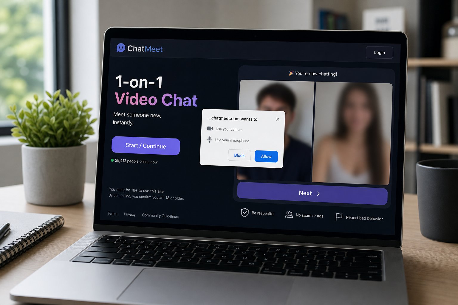 Laptop showing camera and mic permission prompt on a roulette chat site.