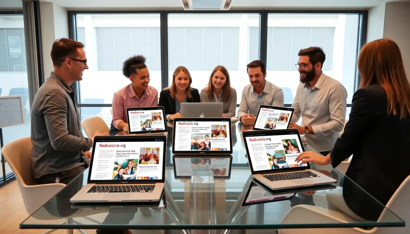 diverse team collaborating on digital content in a modern office.