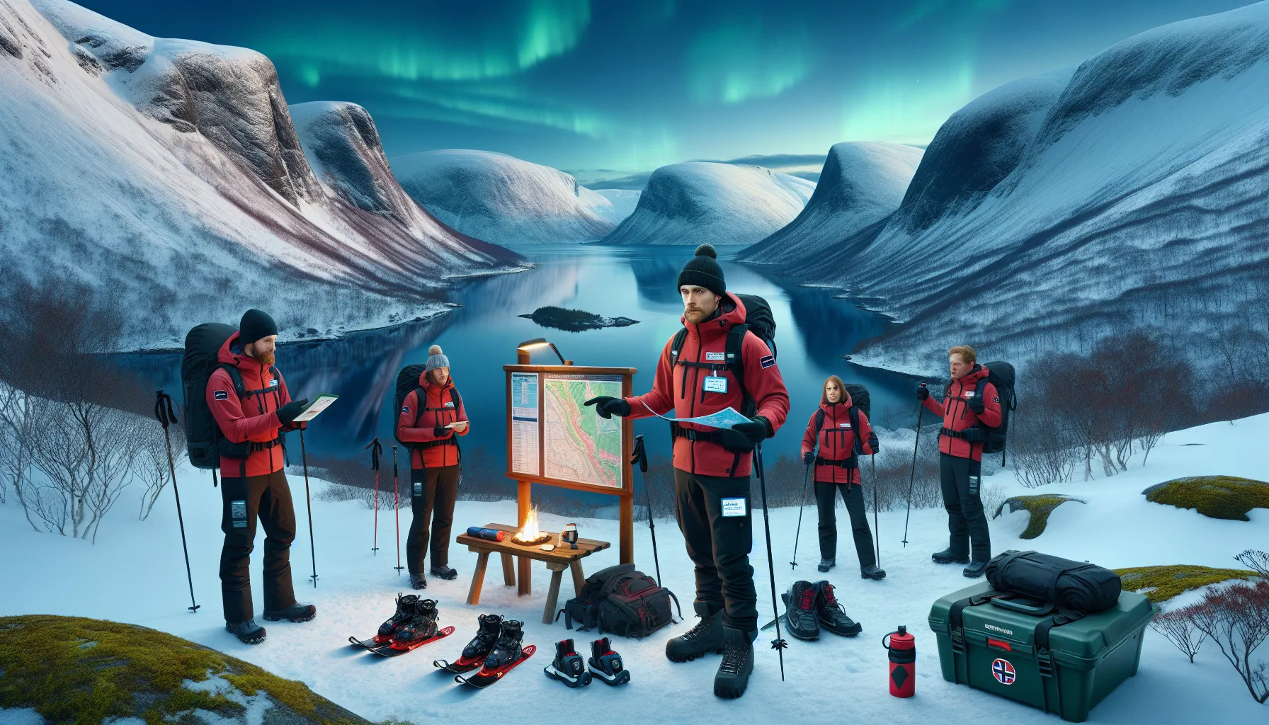 De mest unike opplevelsene for bedriftsgrupper i norsk natur 3 Outdoor guide briefs a corporate group on winter safety in norway.