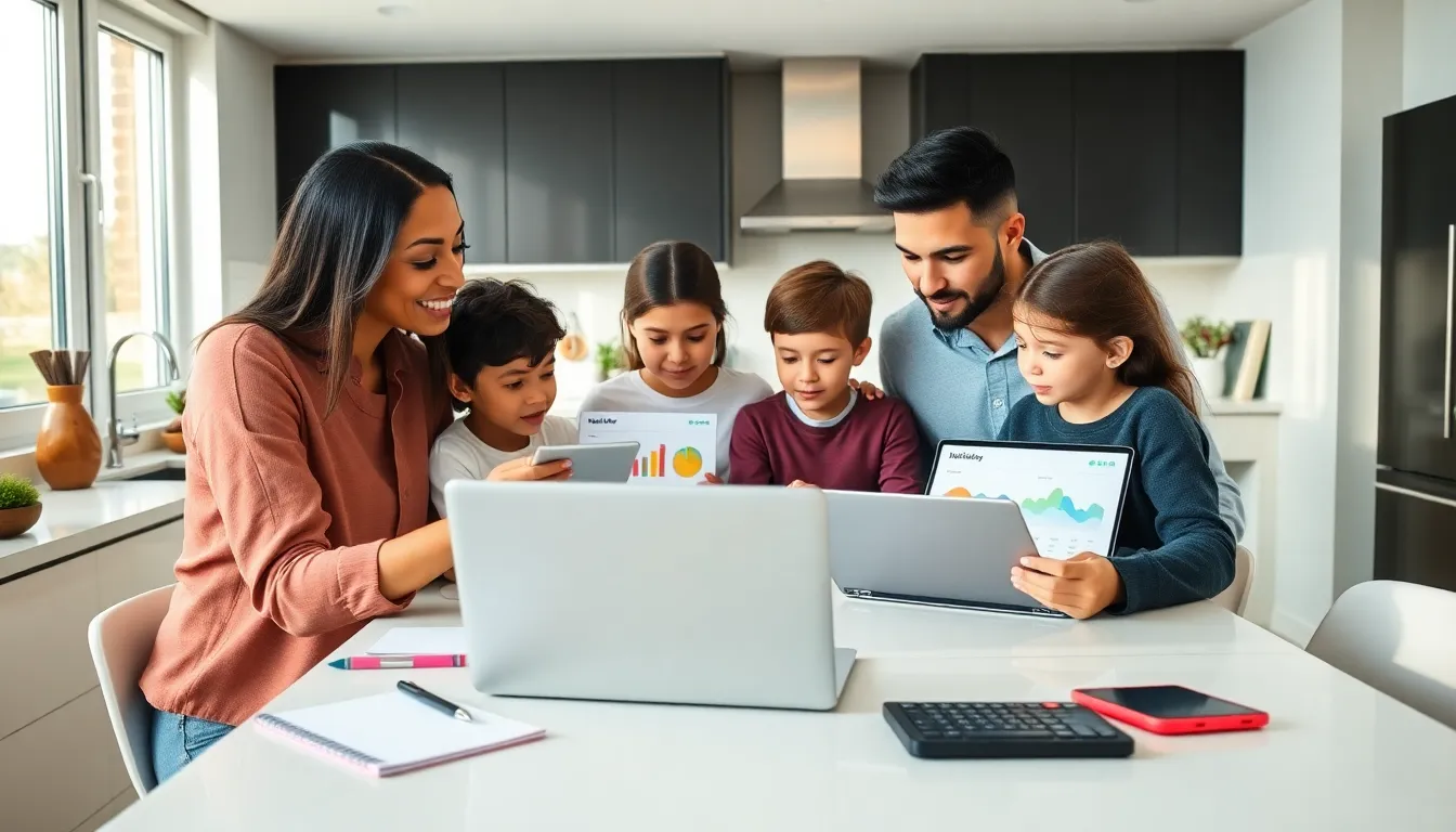 family collaboratively budgeting in a modern kitchen setting.