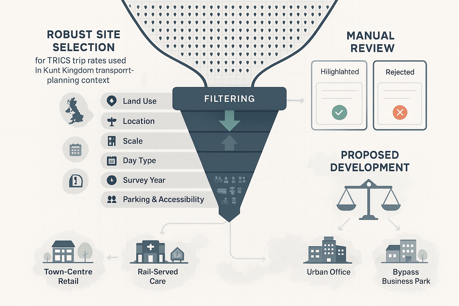 Infographic showing how TRICS comparison sites are filtered and reviewed in the UK.