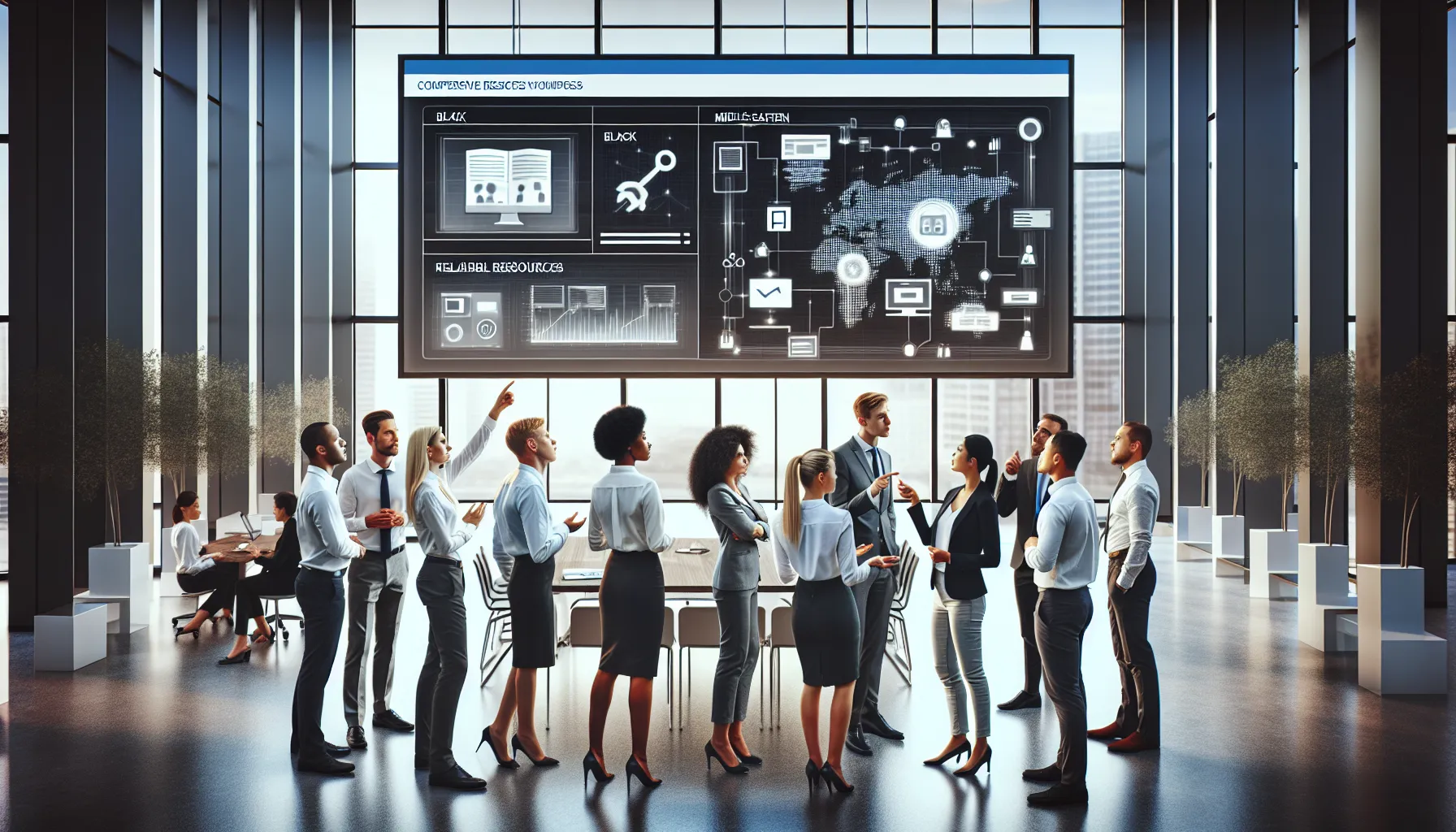 diverse professionals discussing Samuvine.com in a modern office.