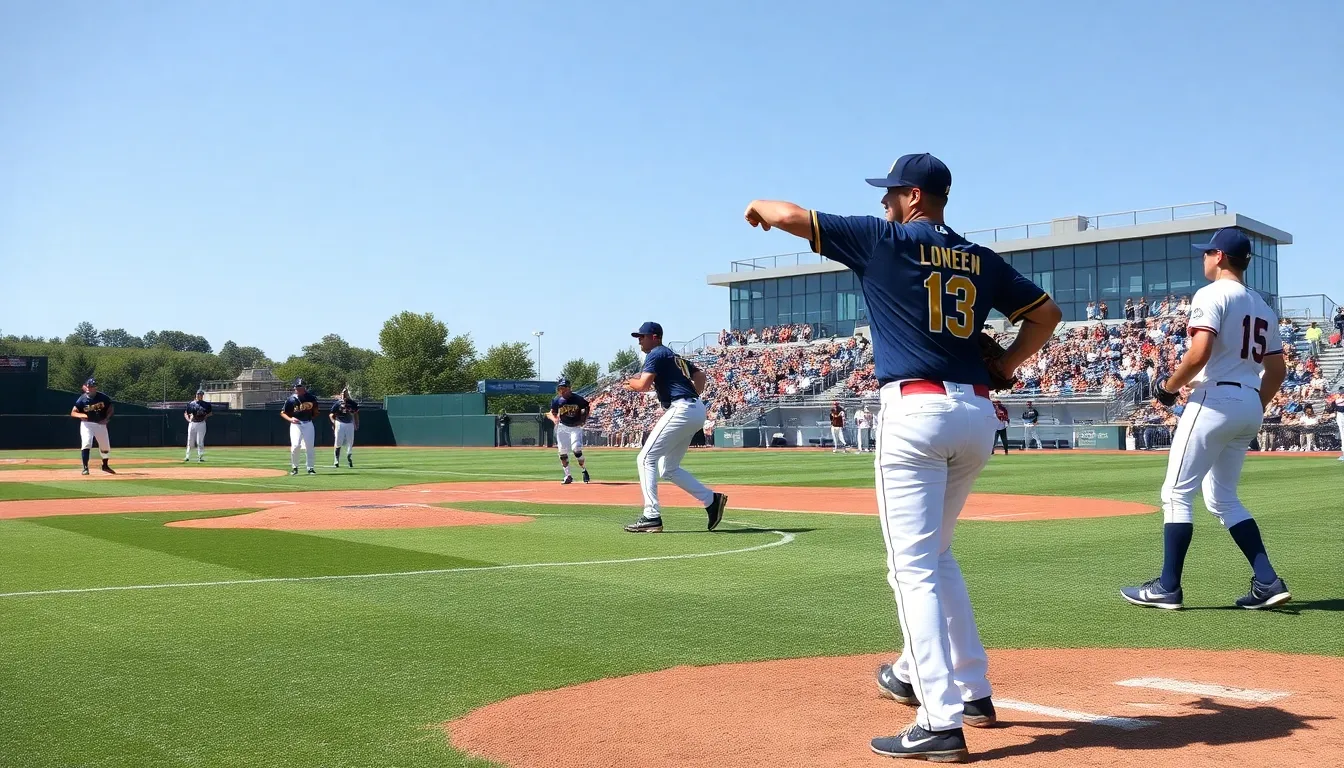 Merrimack College baseball players in action during a game.