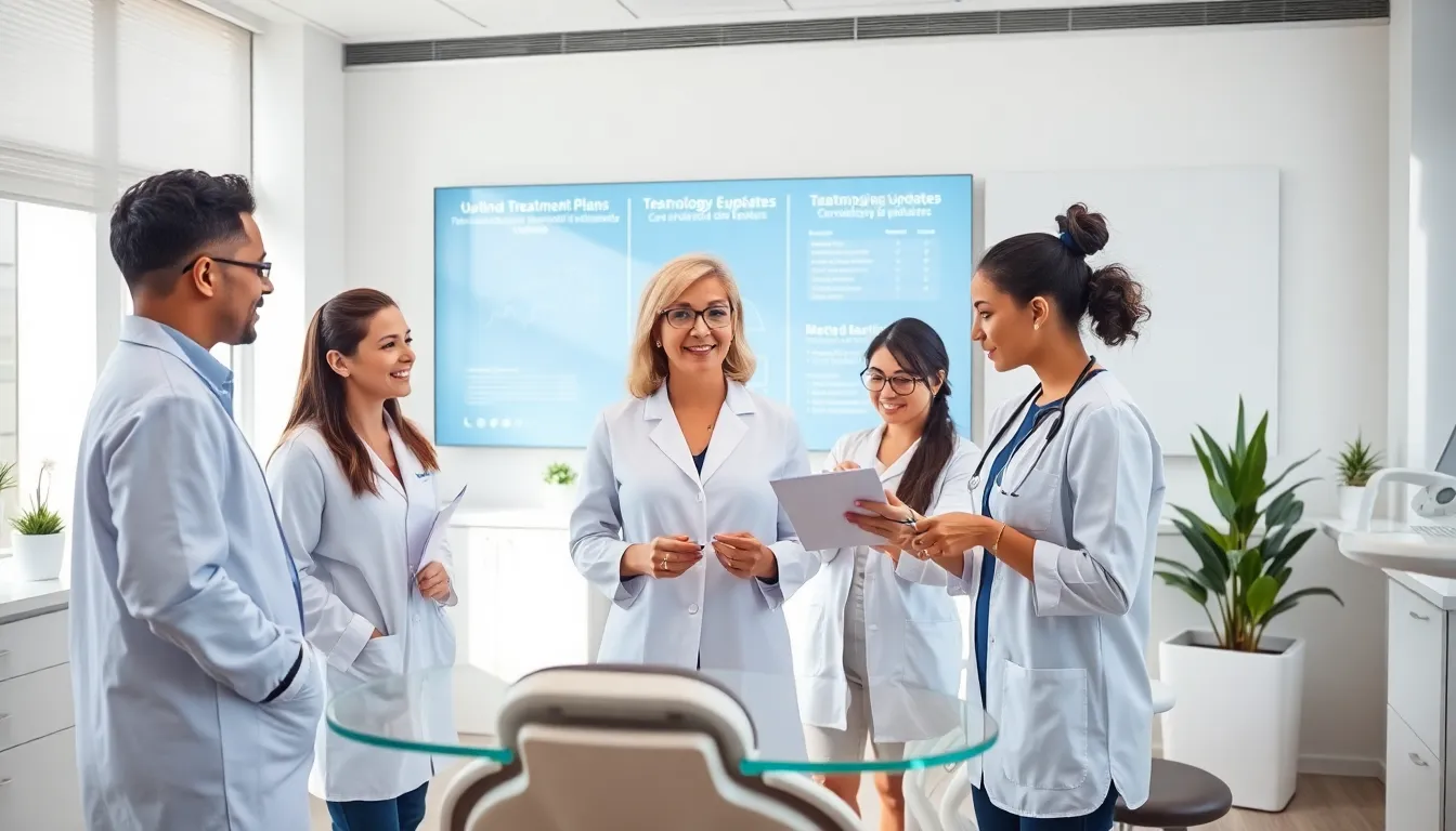 Orthodontist leading a diverse team in a modern clinic.
