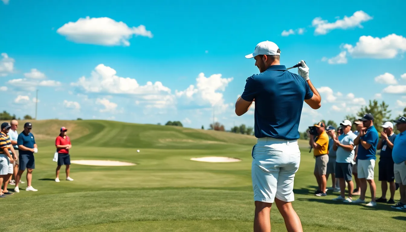 A football player teeing off on a golf course with fans in the background.