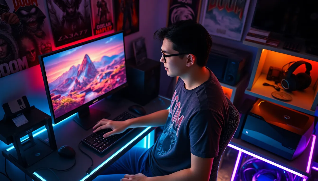 a young gamer at a modern gaming desk surrounded by gaming memorabilia.