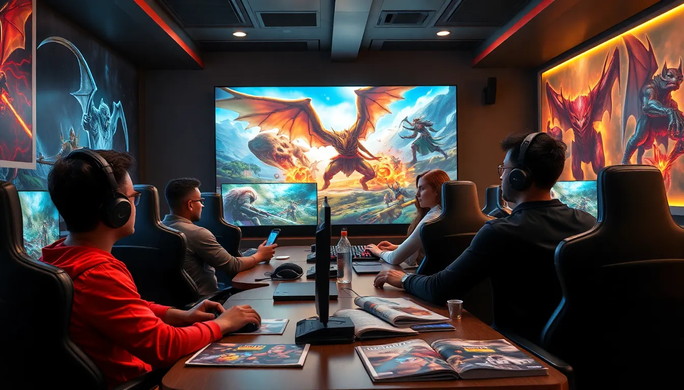 gamers in a modern lounge playing Daemonhunters games.