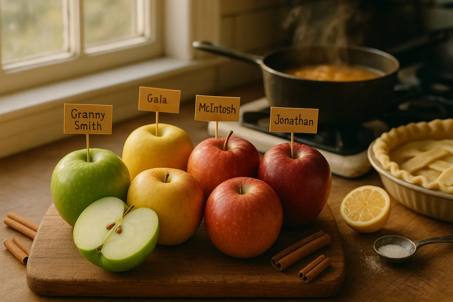 labeled apples on a cutting board with pie, simmering apple sauce