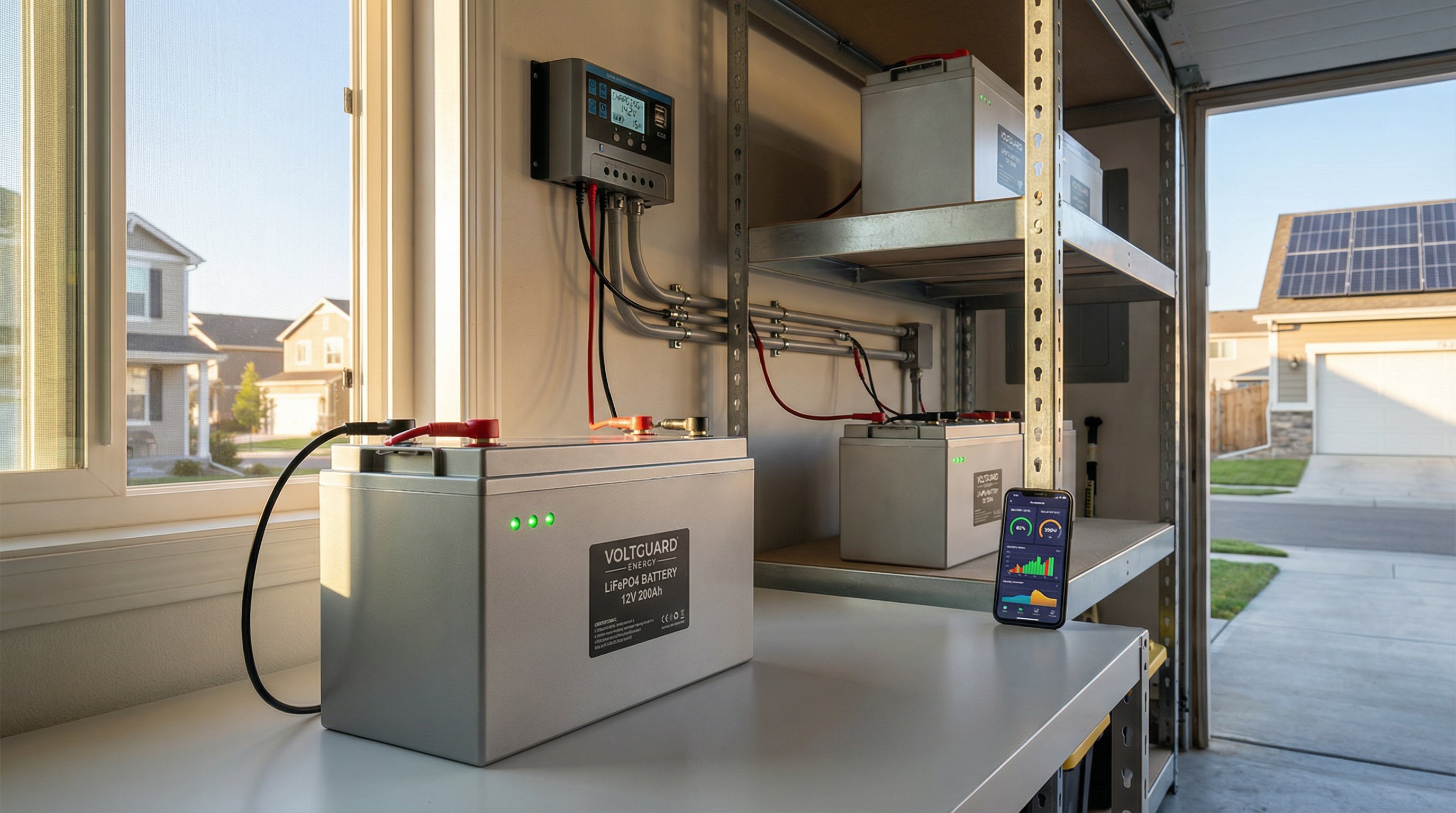LiFePO4 battery units installed in American home garage with solar charge controller and monitoring system.