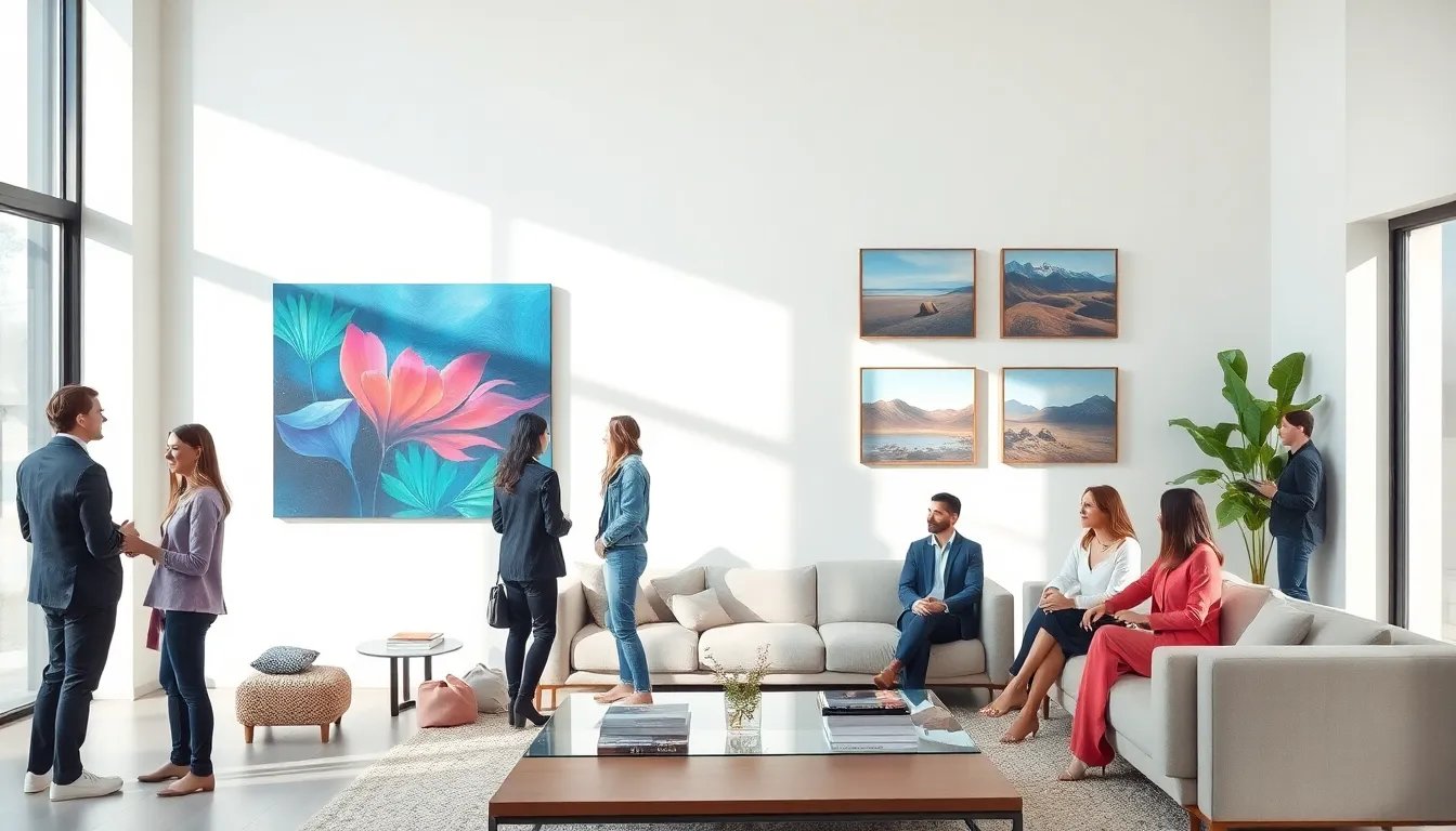 a modern living room with vibrant wall art and people engaging in conversation.
