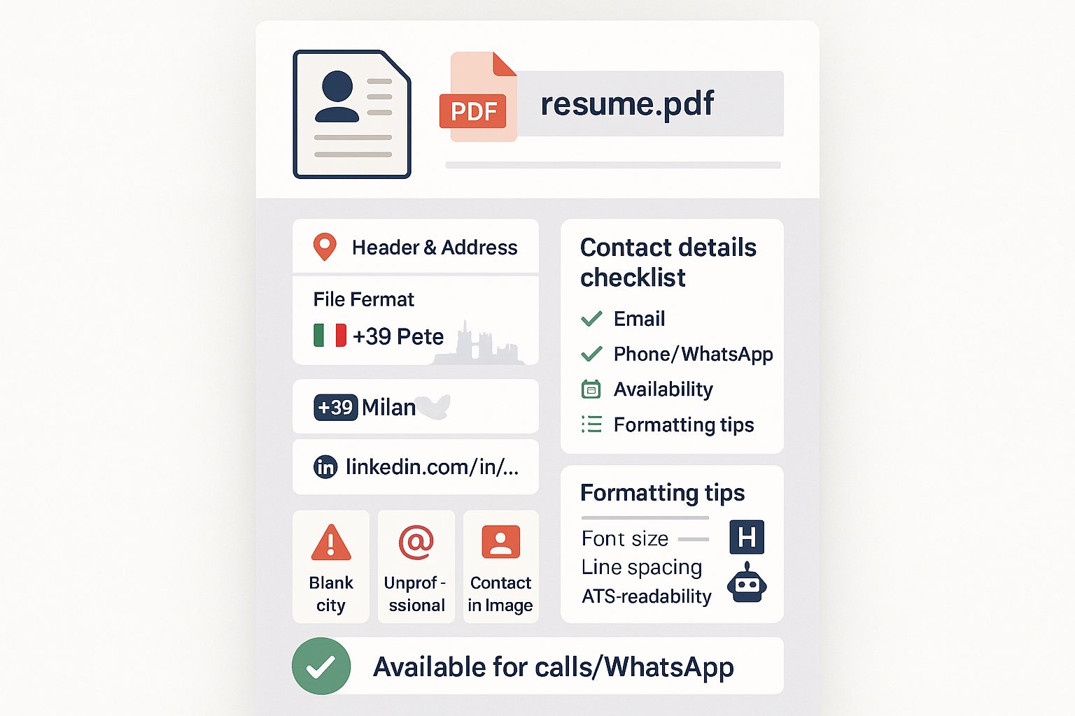 Infografica che mostra nome file CV, lista controllo contatti, consigli formattazione ed errori da evitare.