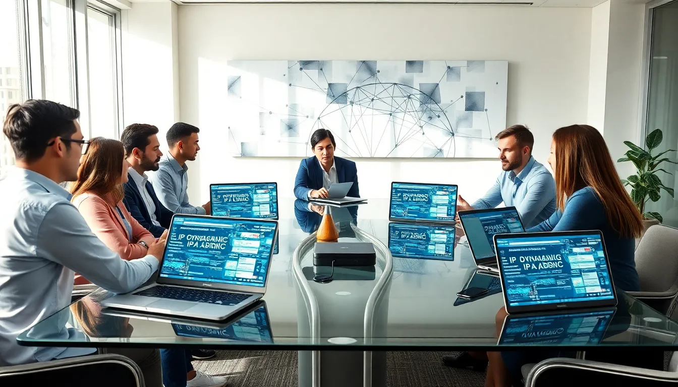 IT professionals discussing IP addresses in a modern office.