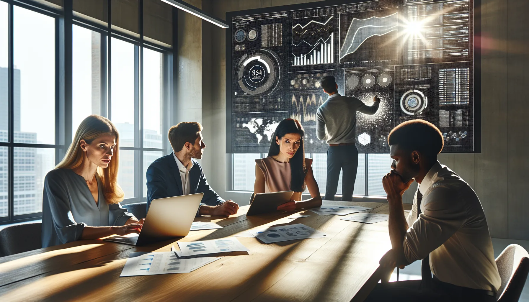 professionals analyzing data in a modern office setting.
