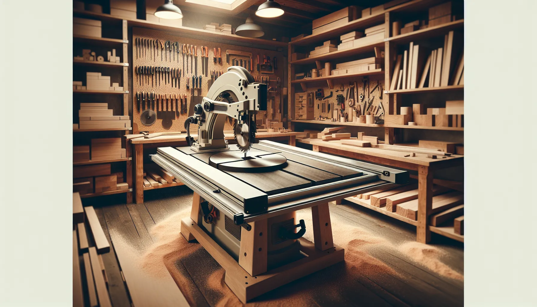 A radial arm saw in a workshop setting.
