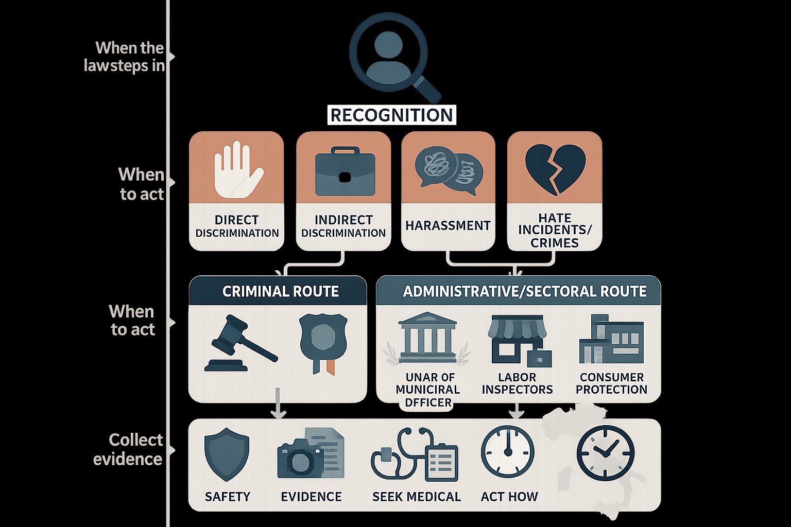 Infografica che mostra i tipi di discriminazione, le vie legali e quando agire in Italia.
