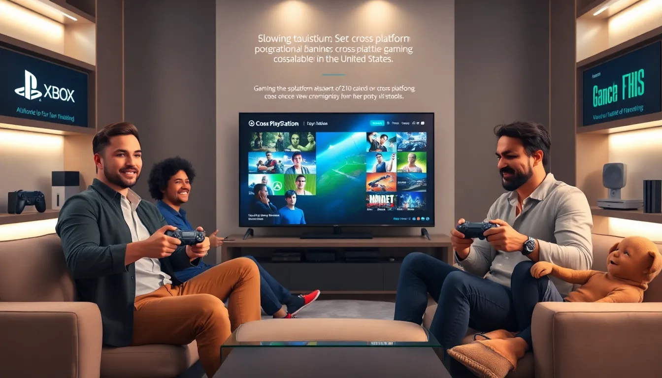 diverse group gaming in a modern living room with cross-platform games.