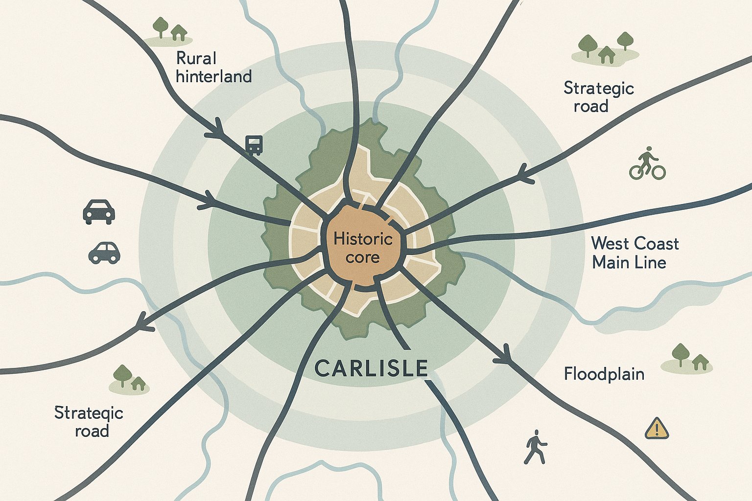 Infographic map showing Carlisle transport routes, rail links, floodplain, and rural travel patterns.