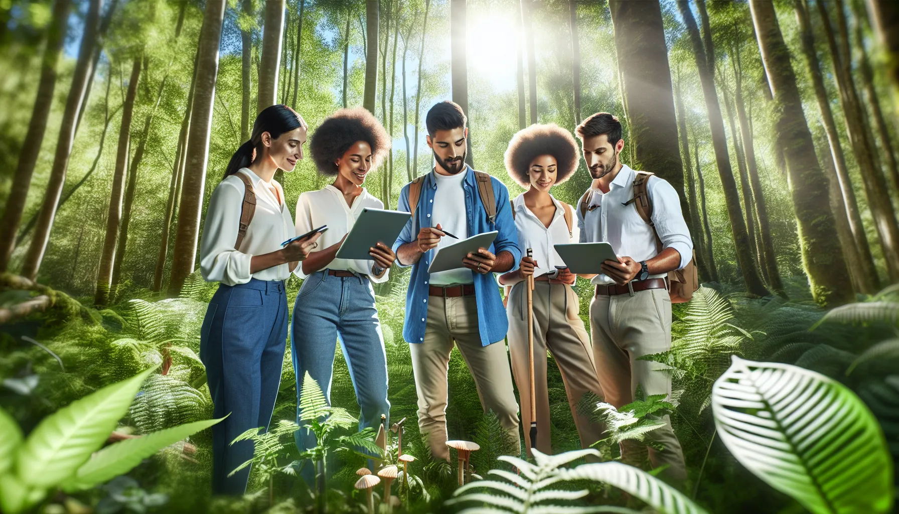 diverse professionals collaborating on nature conservation in a forest.