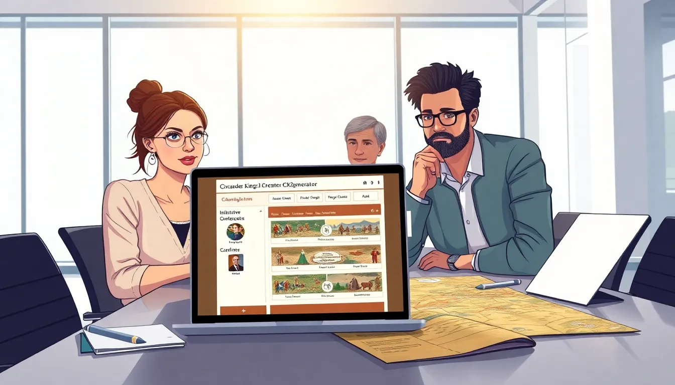 diverse gamers creating characters on Ck2generator.com in a modern office.