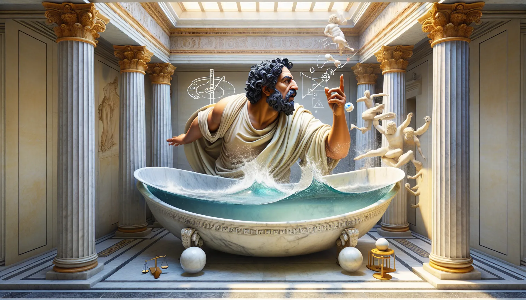 Illustration of Archimedes discovering buoyancy in a bathtub.