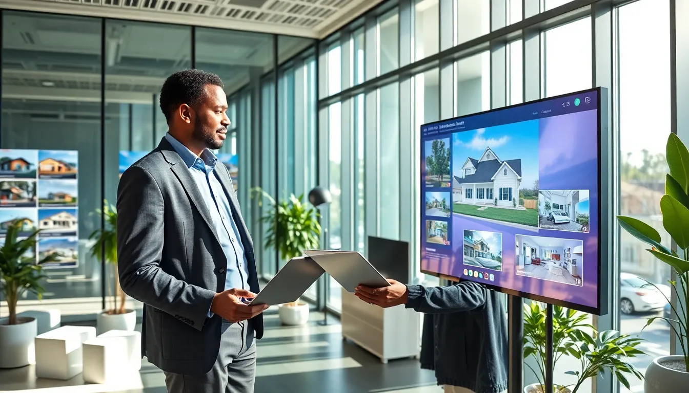 a real estate agent using advanced technology in a modern office.