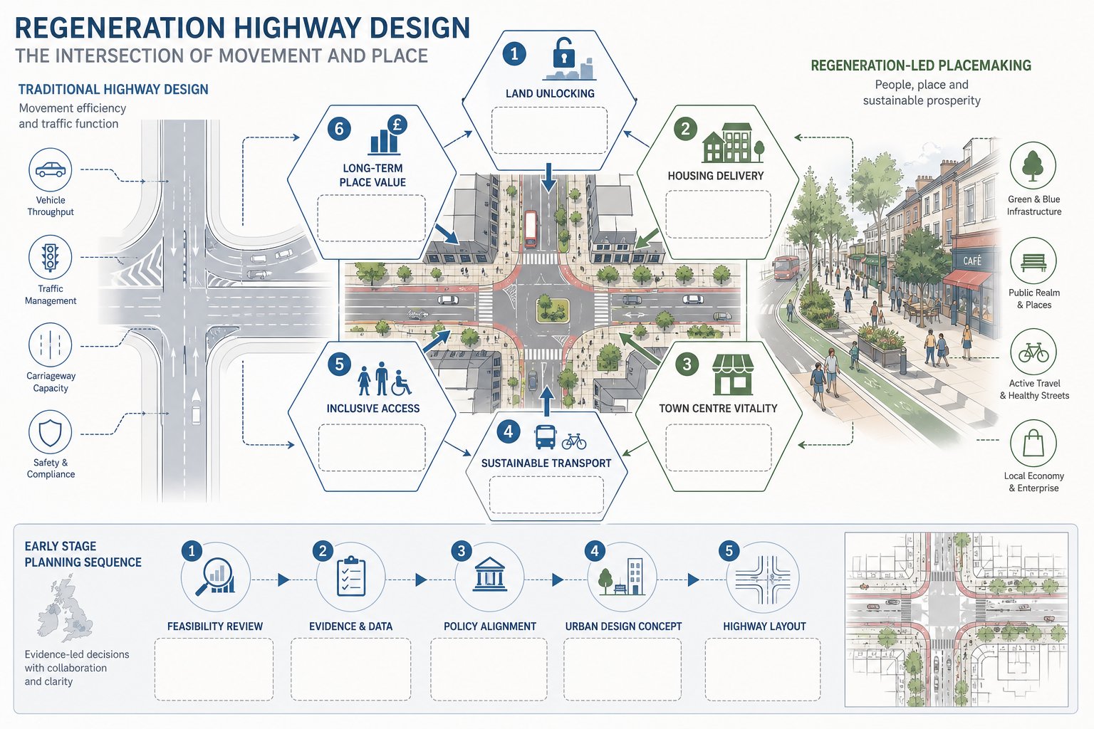 infographic of highway design balancing traffic movement, place, and regeneration goals in the UK