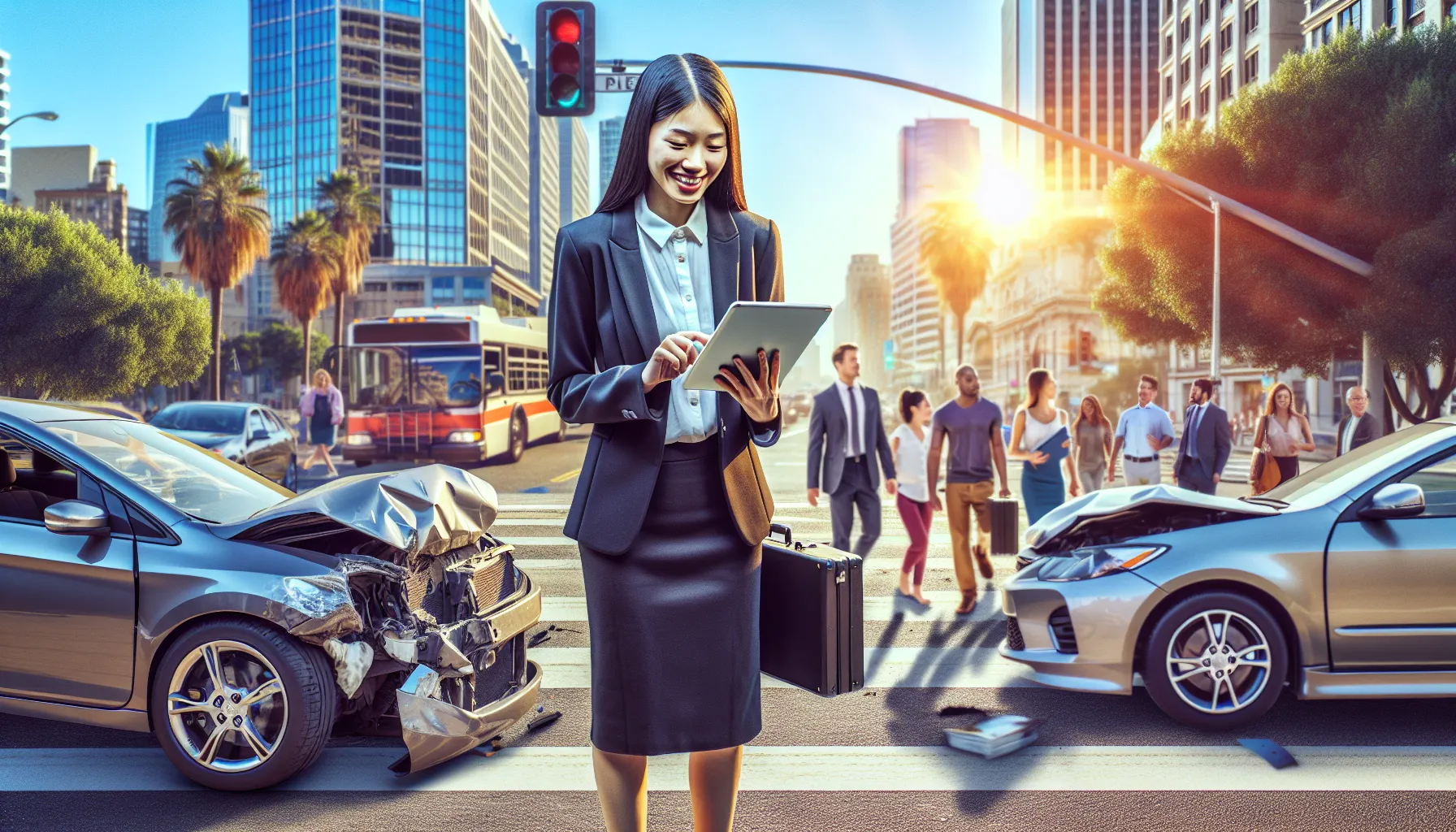 An insurance adjuster examining a minor car accident on a busy urban street.